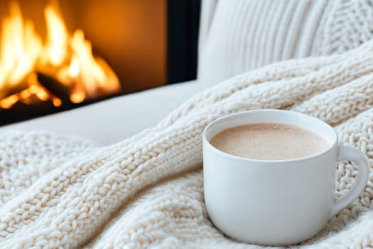 A warm and inviting winter setting with a steaming cup of coffee on a chunky knit blanket, a cozy sofa, and a crackling fireplace, creating a relaxing and comforting ambiance