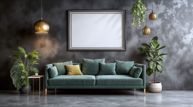 A contemporary living room features a teal sofa adorned with cushions, elegant lighting fixtures, and greenery enhancing the modern atmosphere - Generative AI