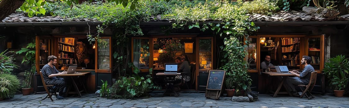 Students are working and studying at a cozy outdoor cafe surrounded by plants and books