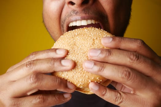 A person prepares to take a big bite of a sesame seed burger.