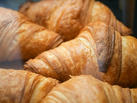 Golden-brown croissants sit in a display case, inviting and warm.