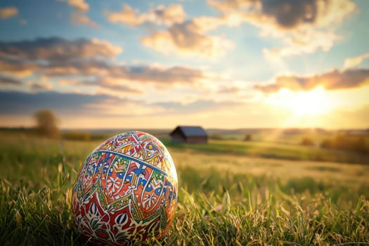A beautifully vibrant and intricately decorated egg is resting in the lush green grass during a stunning sunset