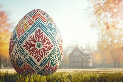 A beautifully and intricately decorated Easter egg set against a serene and peaceful outdoor backdrop scenery
