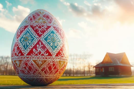 A vibrant and colorful giant Easter egg stands proudly next to a serene, charming countryside home, showcasing joy