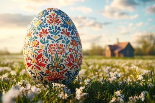 A beautifully painted Easter egg, featuring intricate designs, is set against a stunningly serene countryside backdrop