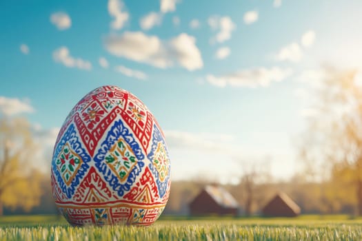 A vibrant Easter egg lies on lush green grass under a sunny sky, with rustic houses in the background