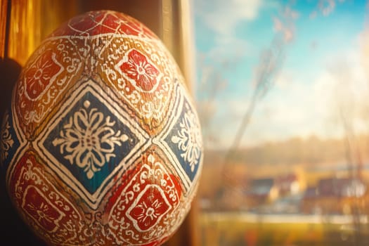 A stunning and intricately designed Easter egg beautifully placed by a window, showcasing a picturesque view