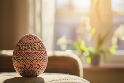 A beautifully vibrant and intricately designed Easter egg rests gracefully in sunlight, creating a festive atmosphere