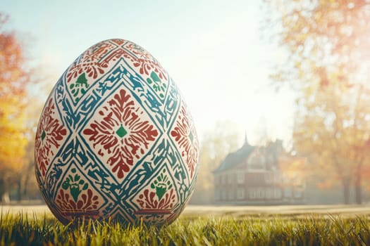 A vibrant and intricately designed Easter egg gracefully stands out in a peaceful autumn landscape setting