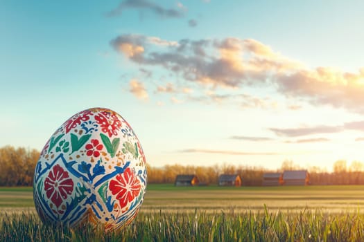 A beautifully painted and decorated Easter egg stands proudly in a serene field with a vibrant and colorful sunrise