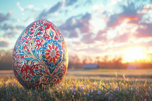 A beautifully decorated Easter egg is showcased prominently against a stunning sunrise in a scenic field landscape