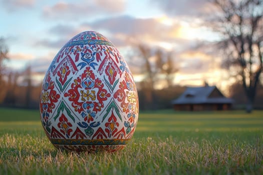A beautifully decorated Easter egg stands prominently in the serene and tranquil outdoor landscape setting