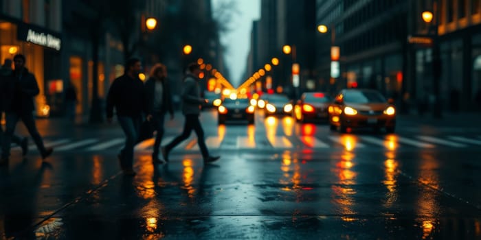 A lot of people walk along the pedestrian crossing during rush hour. High quality photo