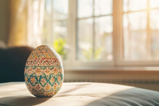 A beautifully painted Easter egg sits gracefully on a cushion while natural light streams in from the window