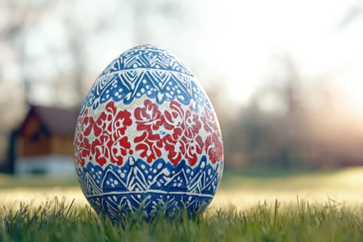 A beautifully patterned Easter egg is elegantly resting on a bed of fresh, green grass, capturing the essence of spring