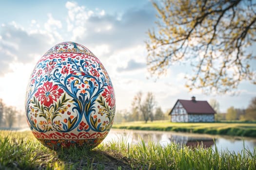 A vibrantly painted Easter egg beautifully set against a tranquil and picturesque lakeside backdrop
