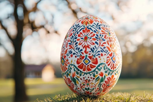 A beautifully vibrant, intricately designed Easter egg is resting peacefully on lush green grass in soft sunlight