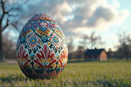 A beautifully designed Easter egg prominently stands out against a peaceful and serene natural background