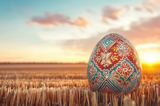 A beautifully vibrant and intricately decorated Easter egg stands proudly in a serene wheat field at sunset
