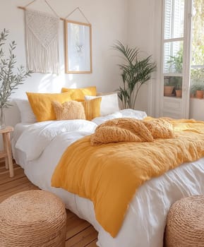 Cozy bohemian-style bedroom with yellow bedding and plants.
