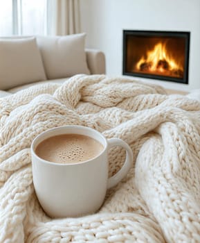A warm and inviting winter setting with a steaming cup of coffee on a chunky knit blanket, a cozy sofa, and a crackling fireplace, creating a relaxing and comforting ambiance