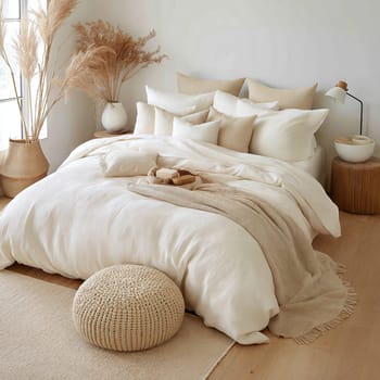 A bright and cozy bedroom featuring a wooden bed, soft linens, knitted poufs, and natural decor in neutral tones. Interior photo concept
