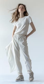 This model is showcasing a trendy yet comfortable casual outfit that is perfect for todays modern fashion scene