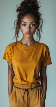 A fashionable young woman wearing a mustard tshirt along with stylish pants, highlighting trendy styles today
