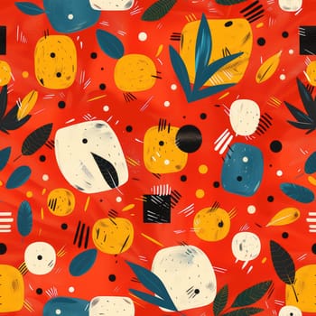 A vibrant abstract design with colorful fruits, leaves, and geometric shapes on a bold red background