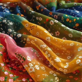 A vibrant and colorful fabric adorned with beautiful floral designs presented in a flowing arrangement of hues