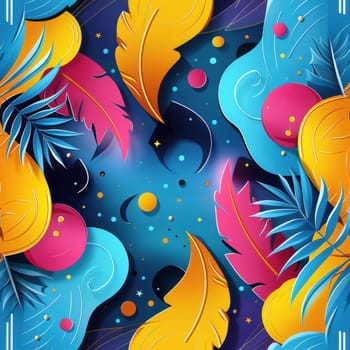 This design boasts a tropical theme with vibrant leaves and abstract shapes on a dark background, enhancing appeal