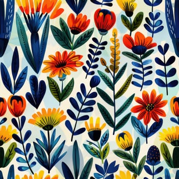 A vibrant illustration of colorful flowers and lush leaves, arranged in a captivating, eyecatching pattern