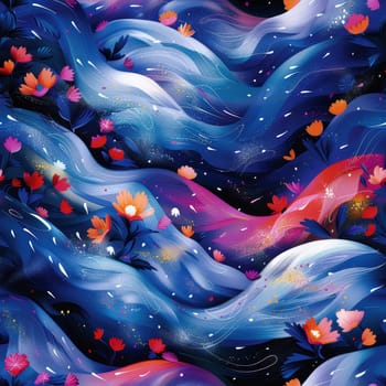 A mesmerizing and captivating blend of cosmic waves combined with colorful floral elements, ideal for artistic projects