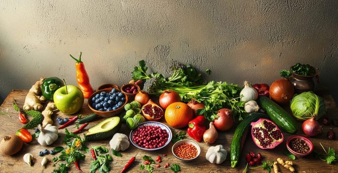 A vibrant and colorful display of an array of fresh vegetables, fruits, and spices to be found on a rustic wooden table