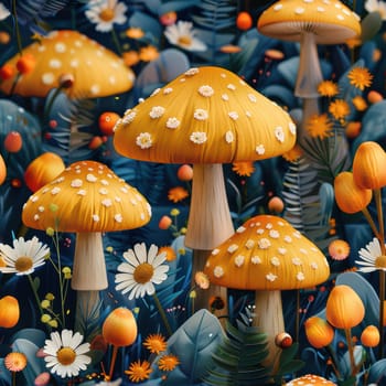 A breathtaking arrangement of bright yellow mushrooms sitting gracefully among vibrant flowers and lush greenery