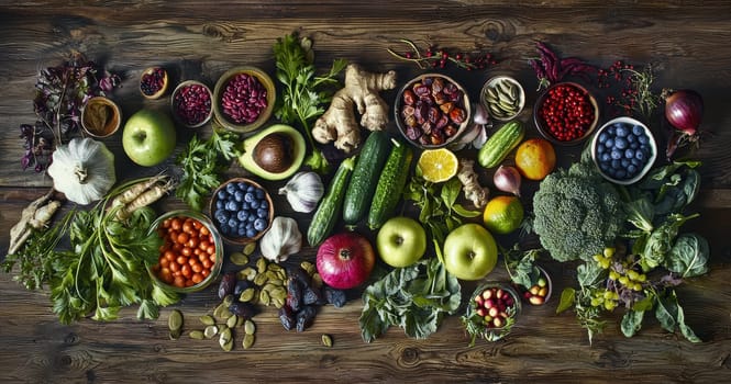A vibrant display of assorted organic fruits and vegetables on rustic wood, appealing to healthconscious eaters