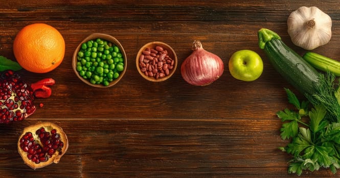 A vibrant and colorful display featuring assorted fruits and vegetables arranged beautifully on a rustic wooden table
