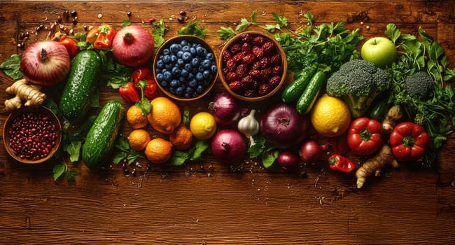 A colorful and vibrant array of fresh, nutritious fruits and vegetables beautifully arranged on a rustic wooden surface
