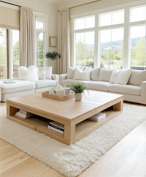 Elegant Scandinavian-style living room with natural light, neutral tones, and a wooden coffee table. Cozy and inviting atmosphere. Interior photo concept