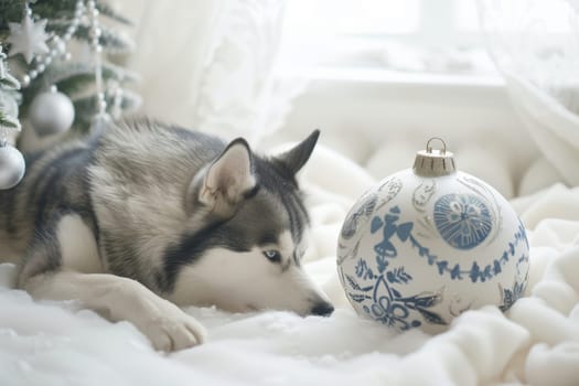 A beautiful, fluffy husky dog curiously observing a decorative Christmas ornament hanging from a tree