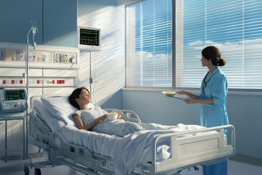 In a welllit hospital room, a dedicated nurse serves a nutritious meal to a resting patient to aid their recovery