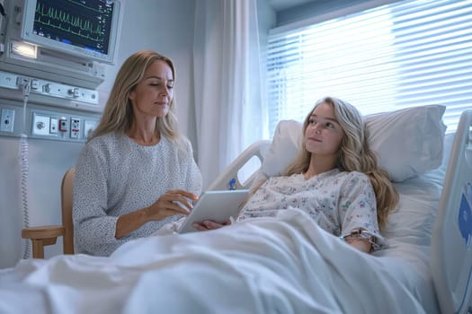 A caring woman gently comforts a patient in a hospital, demonstrating both support and deep compassion