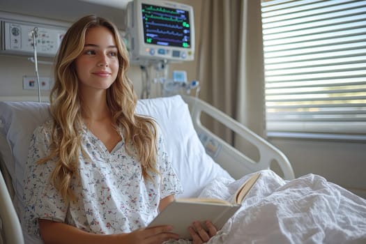 A young woman in a hospital bed is happily reading a book, radiating both positivity and a sense of hope