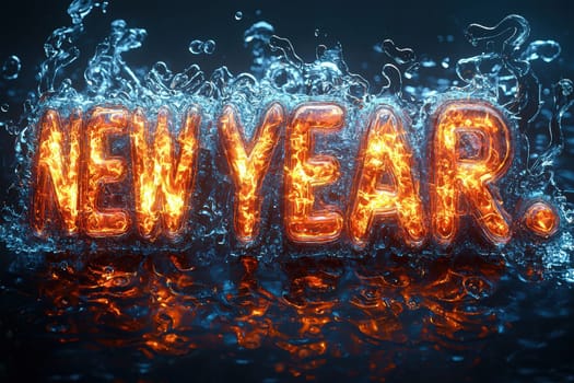 A striking image of 'New Year' in fiery text amidst splashing water, capturing the essence of celebration.