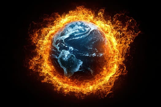 An artistic depiction of Earth engulfed in flames, vividly illustrating the urgent crisis of climate change