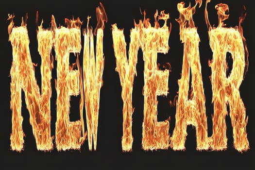 Vibrant, flaming text symbolizes the New Years celebration and excitement, capturing the festive spirit perfectly