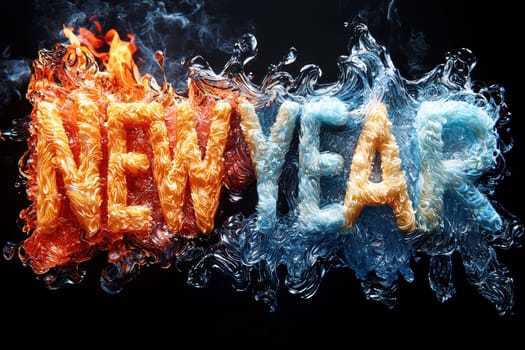 Vibrant 'New Year' text depicted in fire and ice for celebration themes. Perfect for festive designs.
