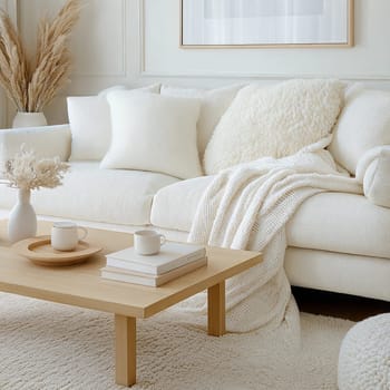 A stylish and cozy minimalist living room featuring a soft white sofa, wooden coffee table, fluffy pillows, knitted blanket, books, ceramic cups, and dried flowers in a serene neutral color palette