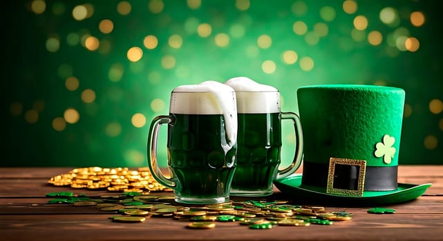 Traditional beer and coins on a wooden table. St Patick's day concept.Space for text. Horizontal wide banner. Green background for St. Patrick's Day advertising. Generated by AI