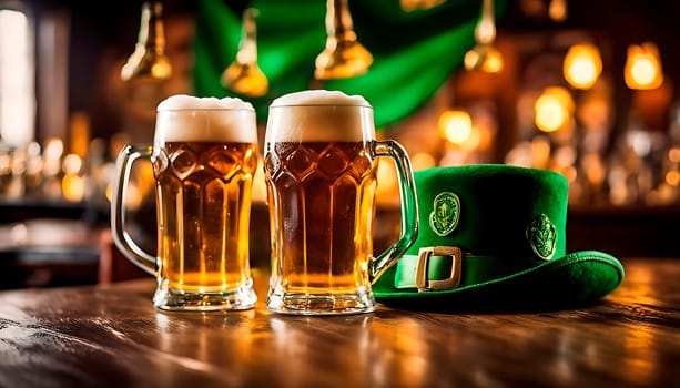 Beer and a leprechaun hat on a wooden table. St Patick's day concept.Space for text. Horizontal wide banner. Pub with bokeh ligts in out of focus background . Generated by AI